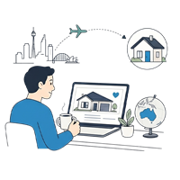 Buyer researching property remotely on a laptop