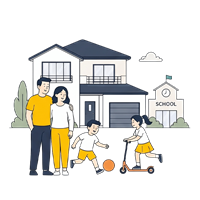 Family standing in front of a house