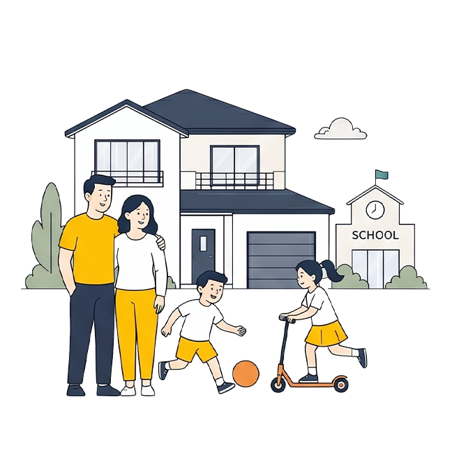 Family standing in front of a house