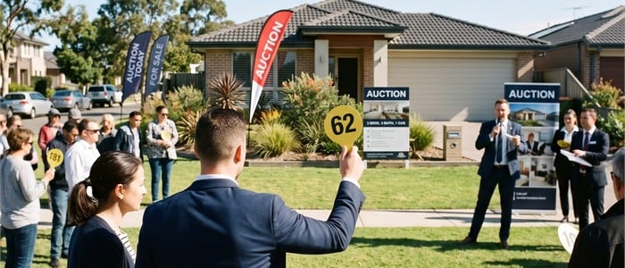 Auctioneer taking a bid outside a home auction