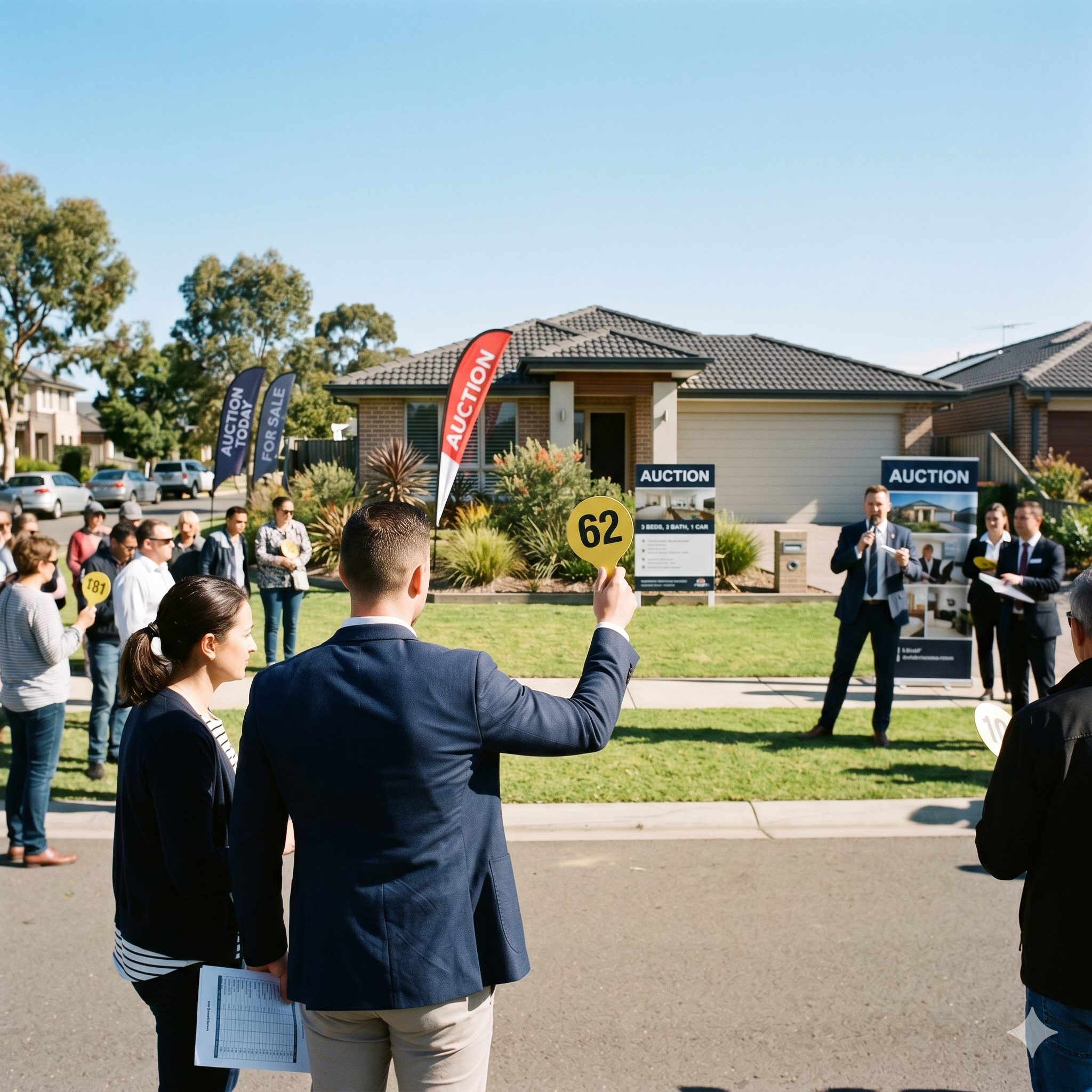 Auctioneer taking a bid outside a home auction
