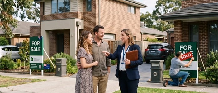 Property advisor speaking with homeowners outside a house for sale