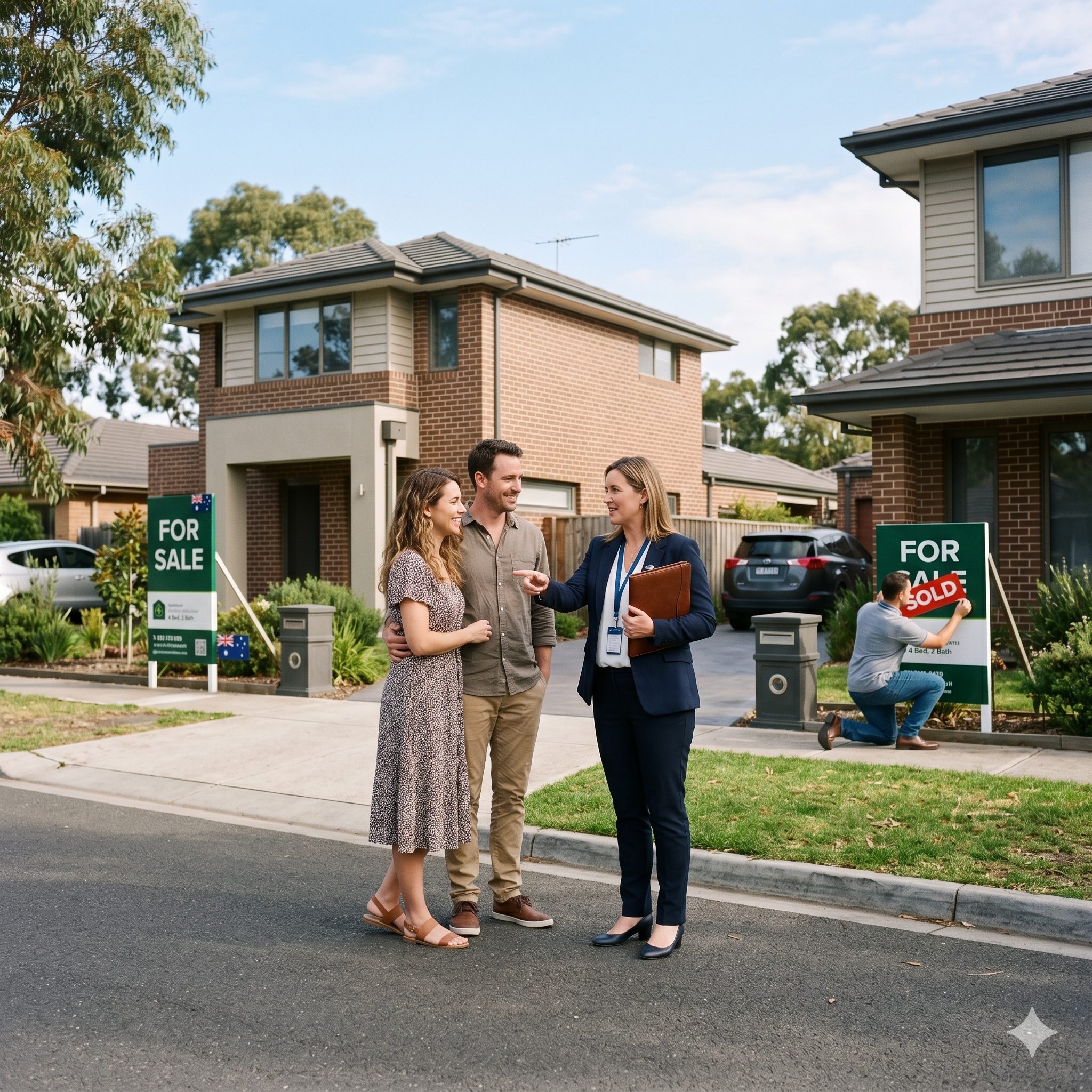 Property advisor speaking with homeowners outside a house for sale